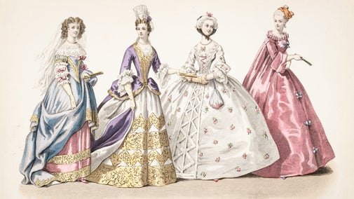 An illustration of 4 dresses dating from 1889